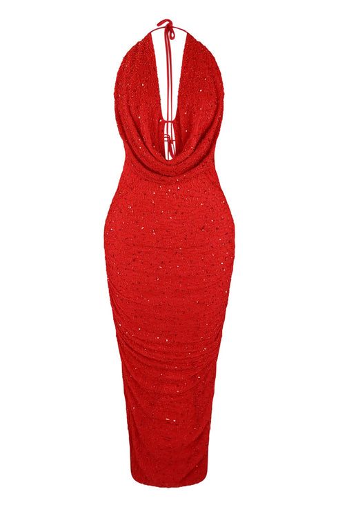 Viva Sequin Halter Maxi Dress Dress EDGE Small Red